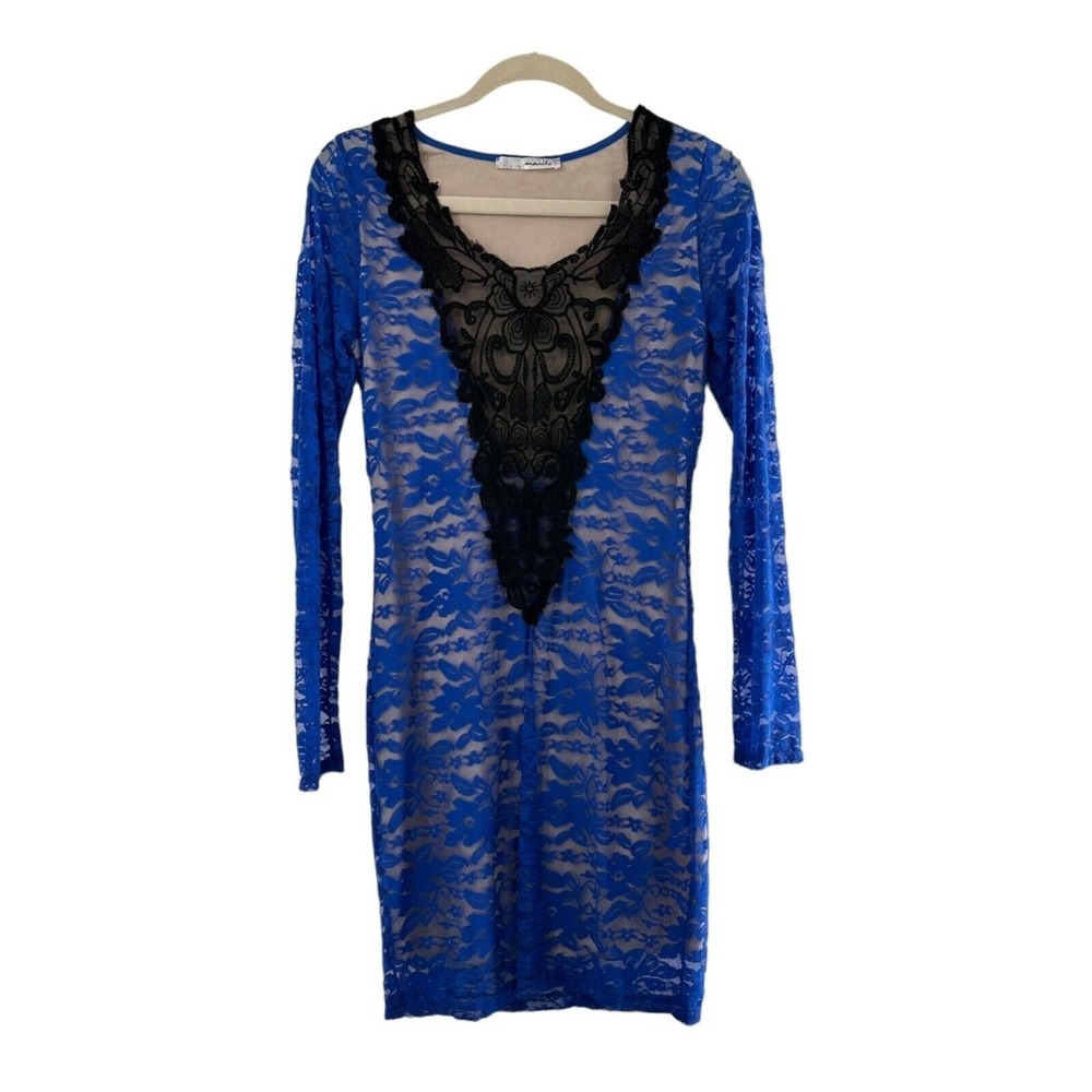 Manito Blue Lace Long-Sleeve Dress M Floral Overlay Design Sheer Mesh Whimsigoth